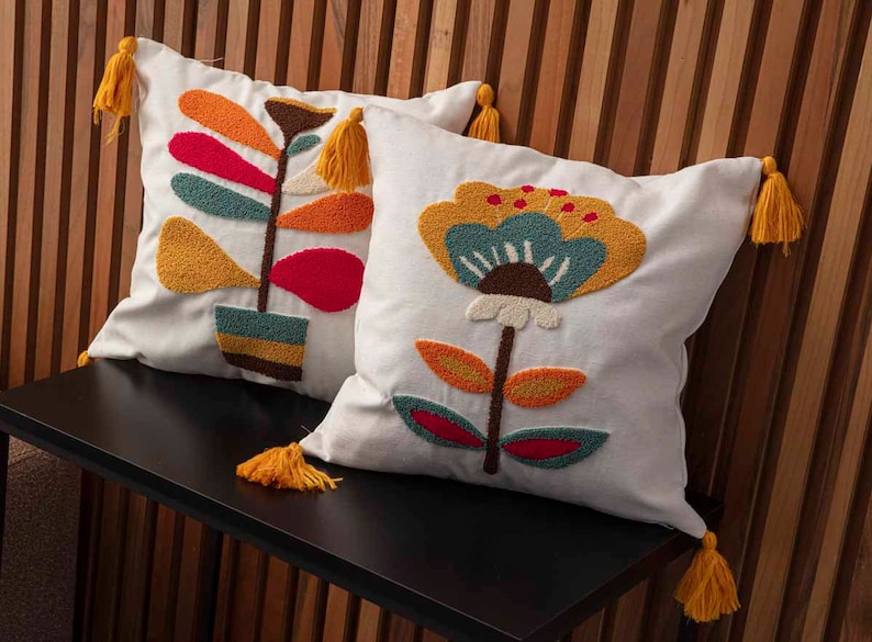 Punch Needle Embroidered Branch Flower Themed Filled Pillow Set