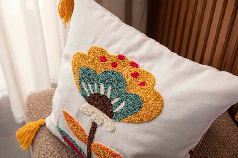 Punch Needle Embroidered Branch Flower Themed Filled Pillow Set