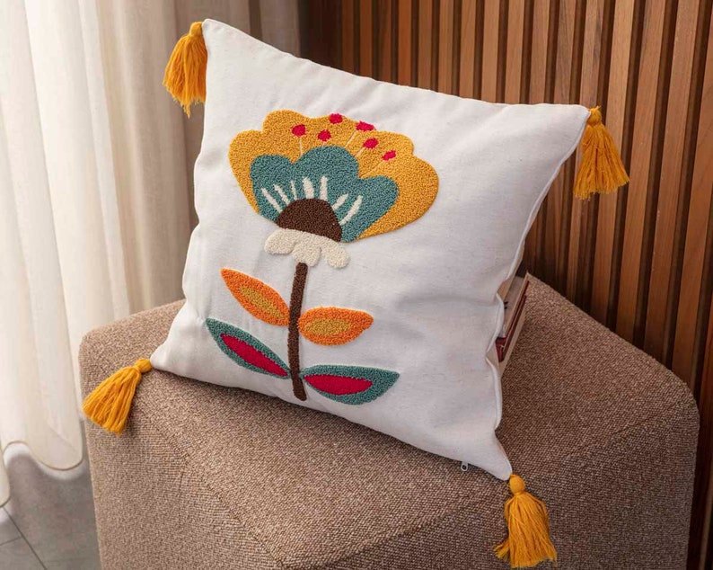 Punch Needle Embroidered Branch Flower Themed Filled Pillow Set