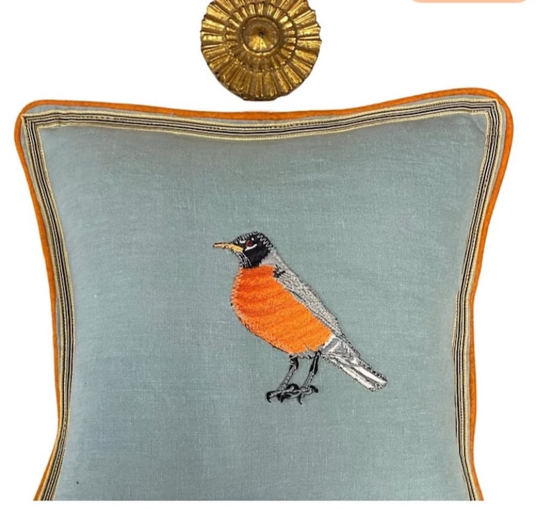 Slate Blue and Orange Bird Linen Pillow - Bird Pillow