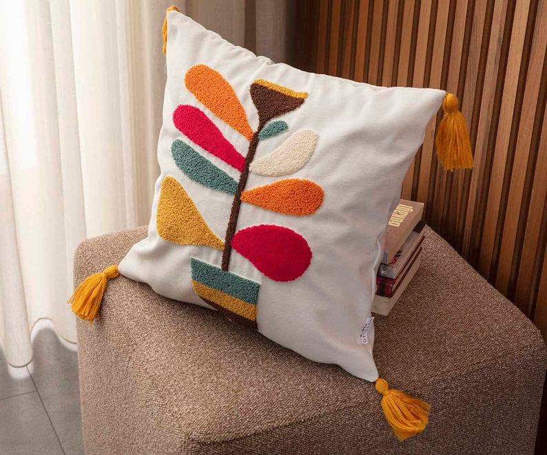 Punch Needle Embroidered Branch Flower Themed Filled Pillow Set