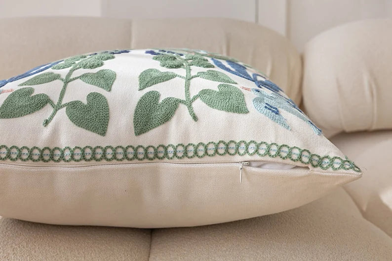 Handcrafted Botanical Embroidered Cushion Cover Pillow