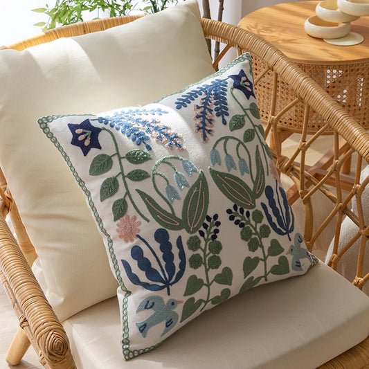 Handcrafted Botanical Embroidered Cushion Cover Pillow