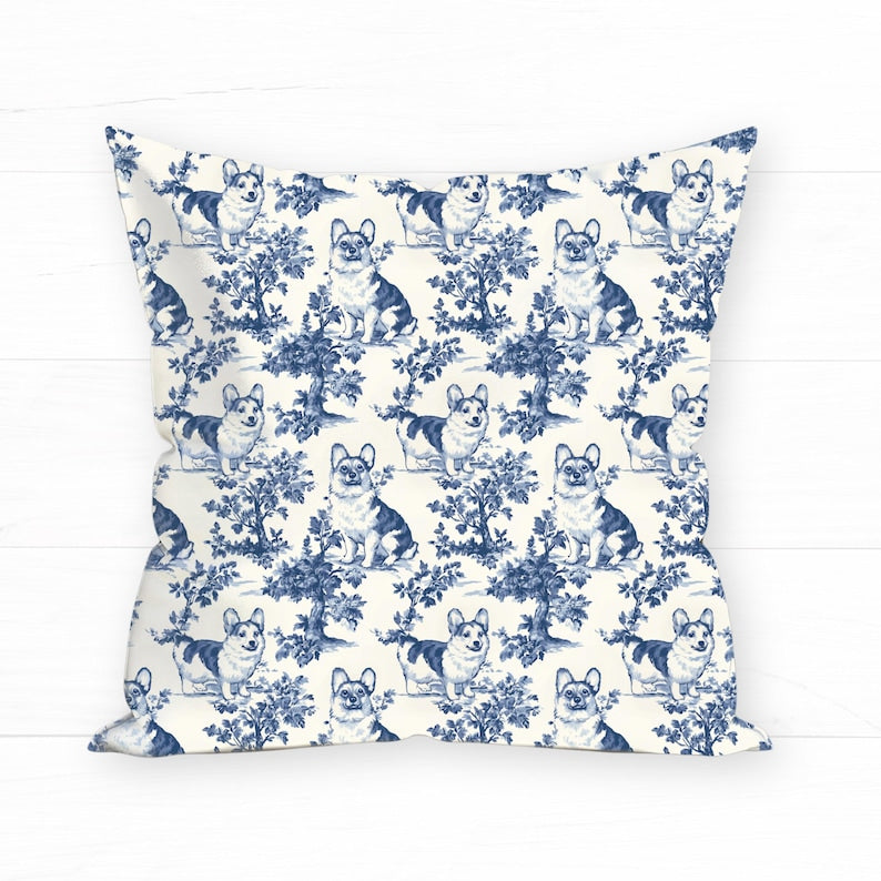 Corgi Toile Pillow - Blue and Cream Toile Pembroke Welsh Corgi Dog Pillow